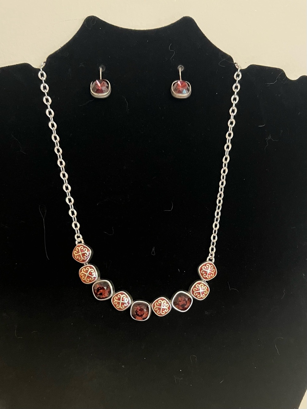 Brighton Silver-Tone Necklace and Earrings with Red Accents